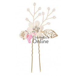 Ac metalic pentru par ACM016AA Auriu cu floare Alba si strasuri